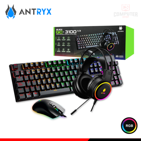 KIT ANTRYX GC3100 X3 BLACK RGB TECLADO SWITCH RED + AUDIFONO + MOUSE (PN:AGC-3100X3KRE-SP)