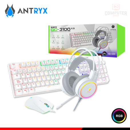 KIT ANTRYX GC3100 X3 WHITE RGB TECLADO SWITCH RED + AUDIFONO + MOUSE (PN:AGC-3100X3WRE-SP)